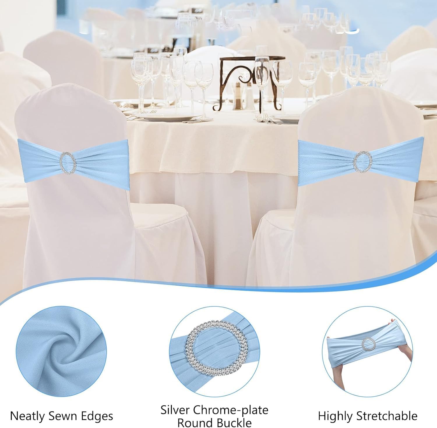 10PCS Chair Cover Stretch Band with Buckle Slider Sashes Bow Wedding Banquet Chair Decoration (Light Blue)