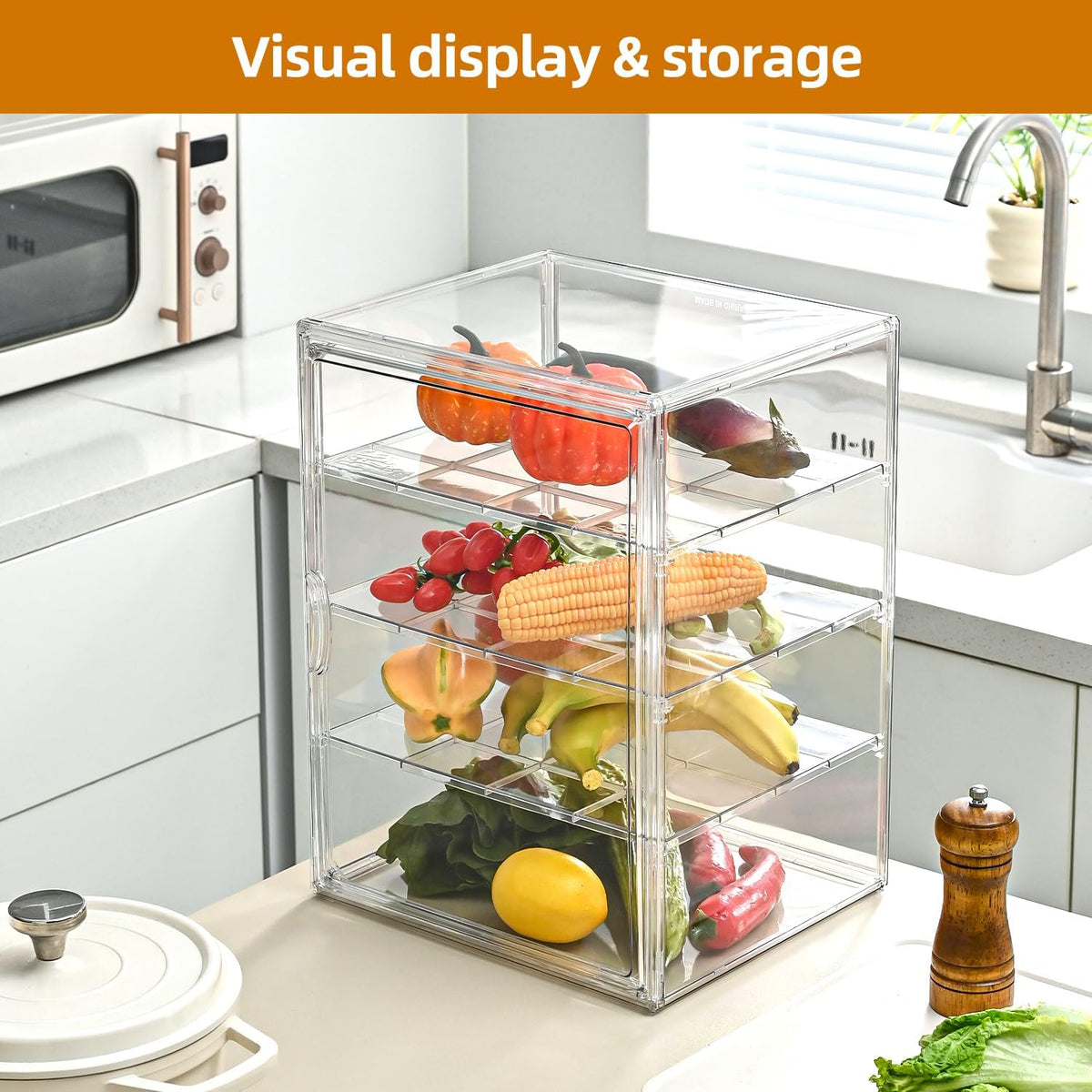 Pastry Display Case，4-Tier Adjustable Clear Bread Storage with Magnetic Door，Bread Box for Kitchen