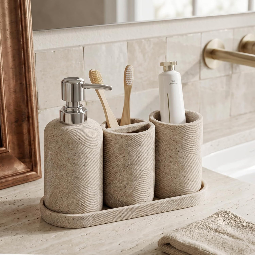 Bathroom Accessories Set,4 PCS Bathroom Organizer,Sand Stone Look,Beige | Simple, Modern Decor, Twill, With 10OZ Soap