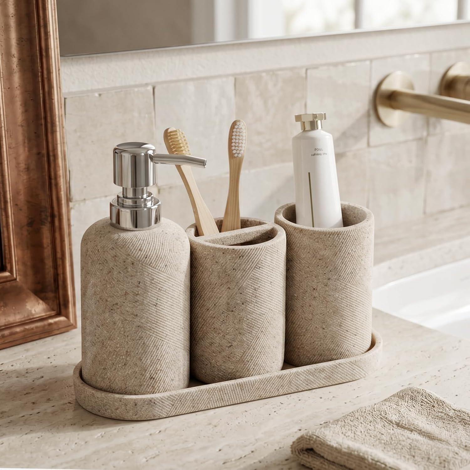 Bathroom Accessories Set,4 PCS Bathroom Organizer,Sand Stone Look,Beige | Simple, Modern Decor, Twill, With 10OZ Soap
