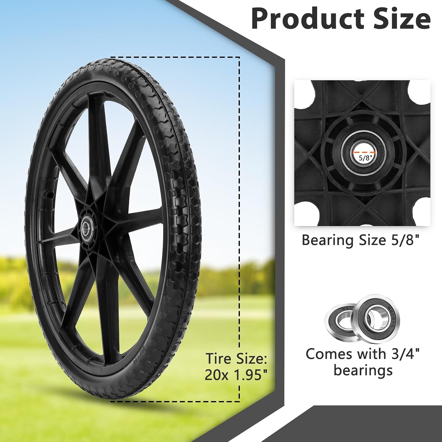 Upgraded 20" Flat Free Wheels Compatible with rubbermaid Wheelbarrow Tires, 20" Flat Free Tires with 5/8" and 3/4"