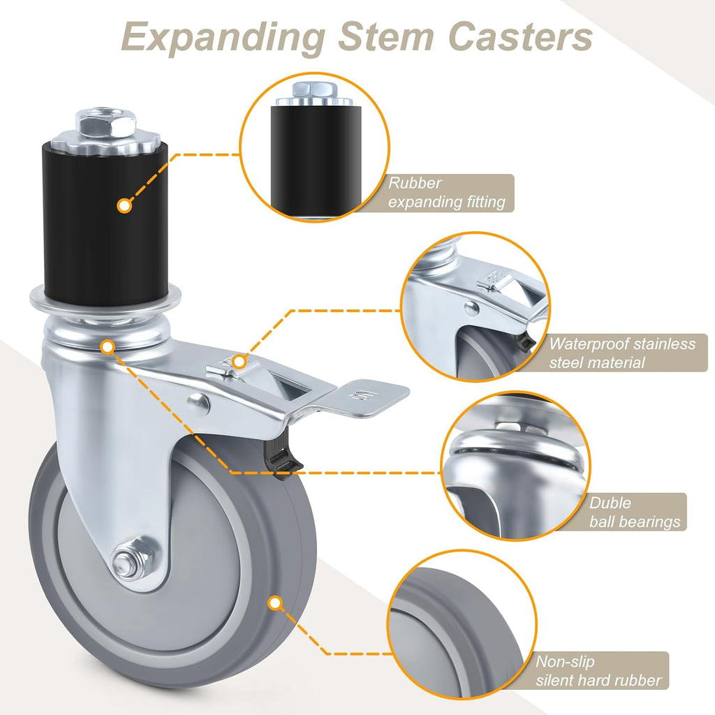 4 Inch Prep Table Caster Wheels Set, 4 Heavy Duty Expanding Stem Casters Fit 7/8", 1", 1-1/2", 1-5/8" Tube Leg with