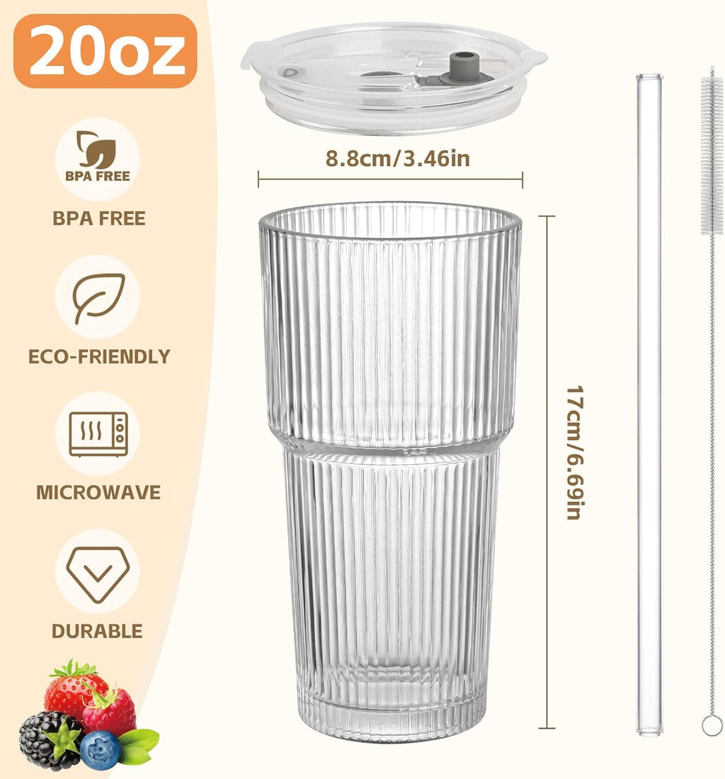 20oz Ribbed Glass Cups with Lids and Straws,1PCS Glass Tumbler with Straw and Lid,Iced Coffee Cups Drinking Glasses