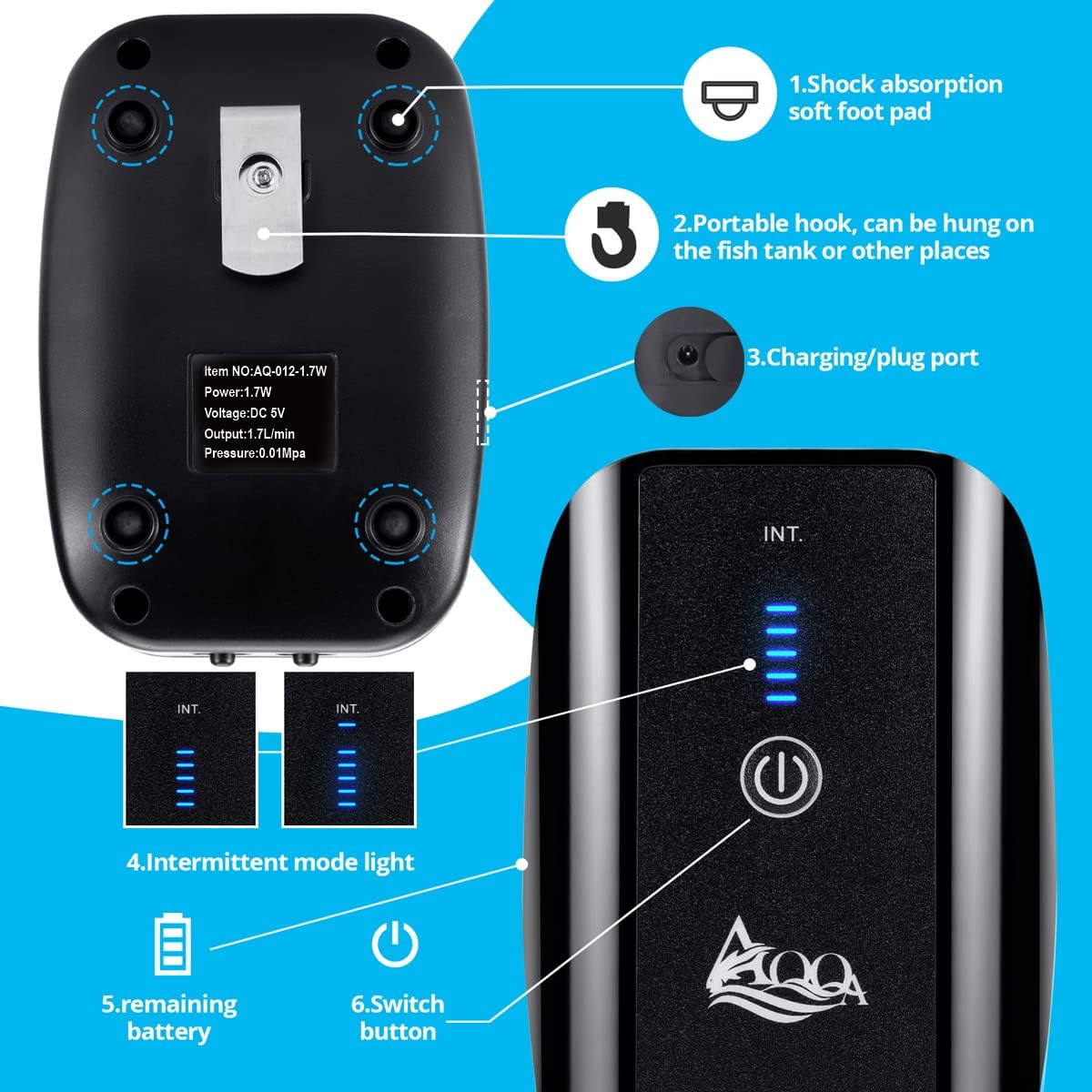 Aquarium Air Pump Battery Powered USB Rechargeable Aerator Oxygen Pump