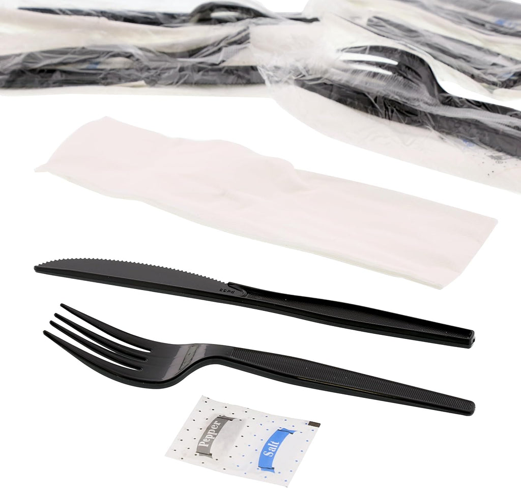 Royal 5-in-1 Disposable Silverware Heavy Duty Plastic Utensil Set with Fork, Knife, Salt & Pepper Packets, 13x17 inch