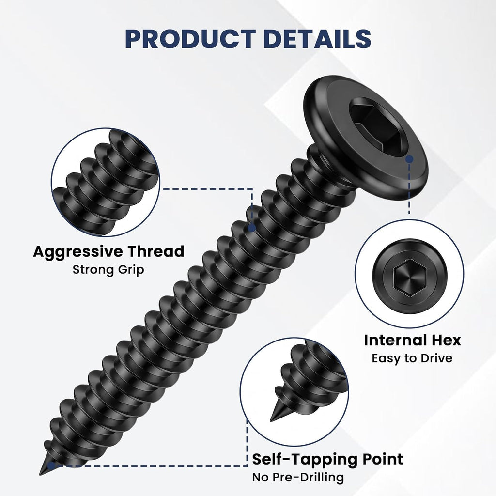 M4 x 20mm Self Tapping Screws, Flat Head Socket Cap, Black, 100 PCS