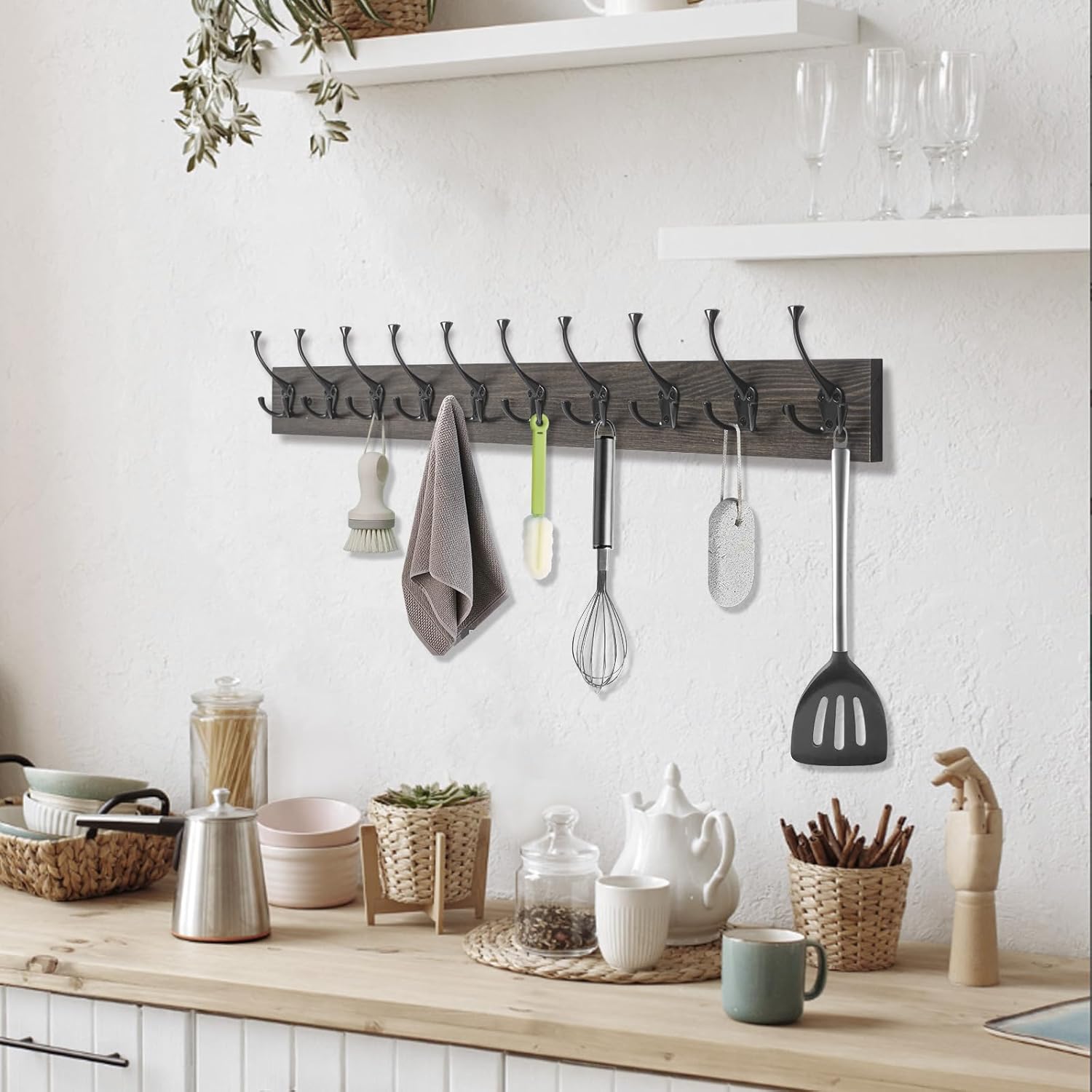 Wall Mounted Coat Rack with 10 Decorative Hooks, 34'' Long, Old Wood Color Coat Hanger, Rustic Coat Hooks Rail for