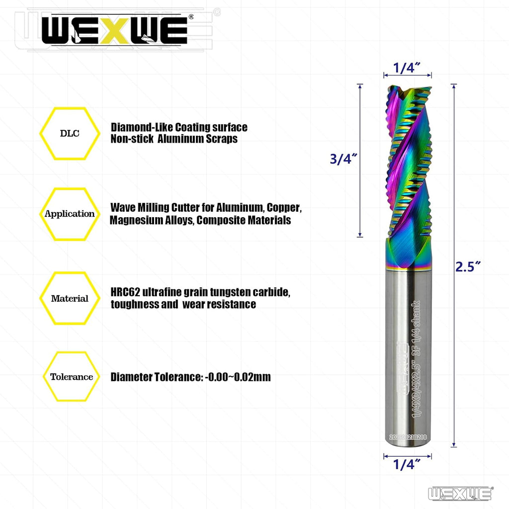 Tools Tools Roughing End Mill, DLC Diamond-Like Coating Carbide Milling Cutter for Aluminum, Copper, Magnesium Alloys, Composite Materials, 3 Flute, 1/4" Shank（1 Piece, 1/4"-2.5" L）