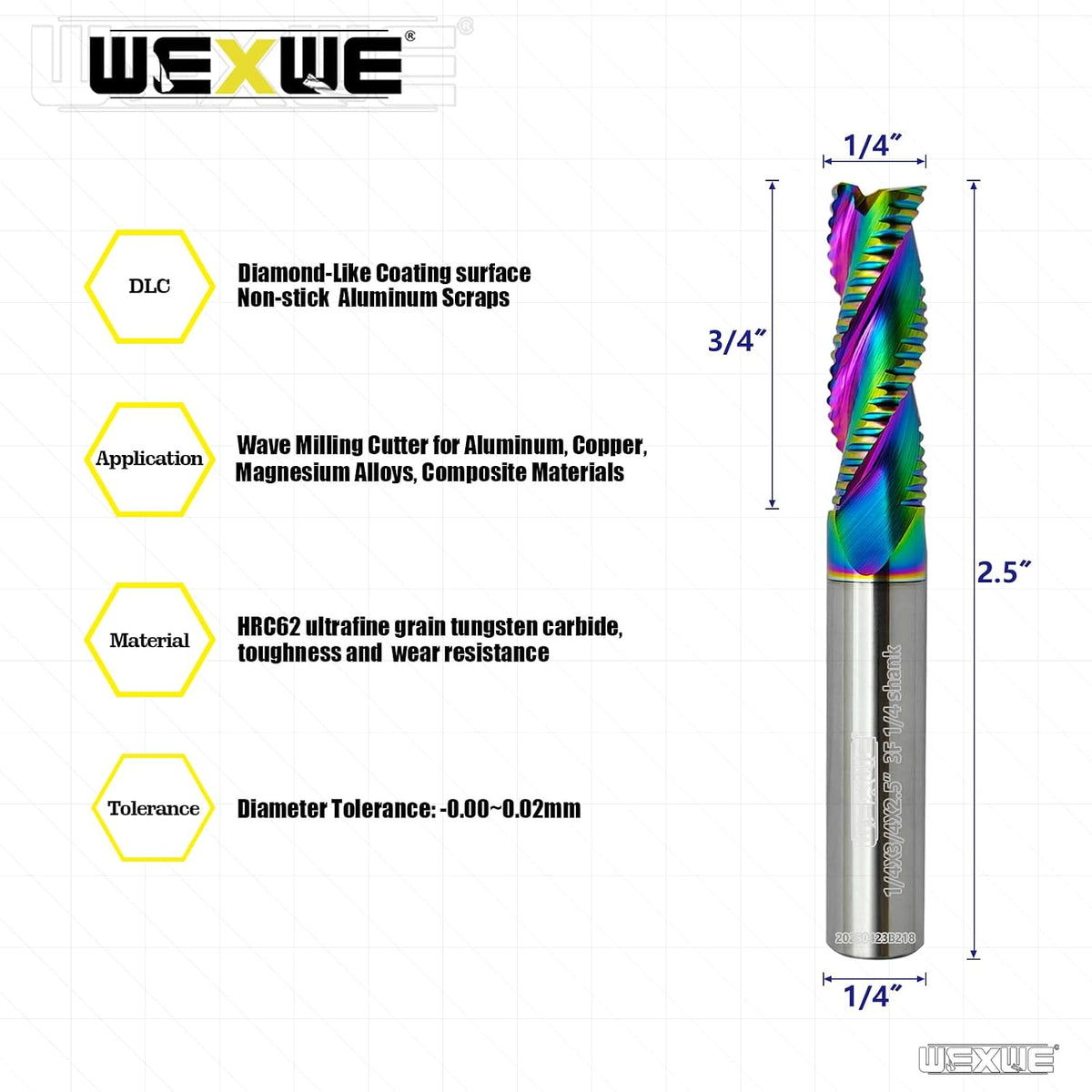Tools Tools Roughing End Mill, DLC Diamond-Like Coating Carbide Milling Cutter for Aluminum, Copper, Magnesium Alloys, Composite Materials, 3 Flute, 1/4" Shank（1 Piece, 1/4"-2.5" L）