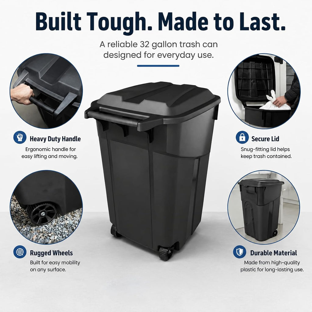 32 Gallon Outdoor Trash Can with Lid, Heavy-Duty Wheeled Garbage Bin for Backyard, Deck or Garage, Black, Can with