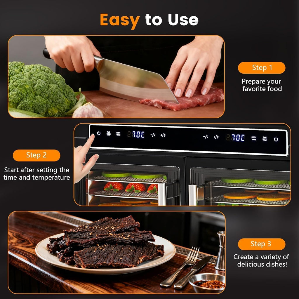 Food Dehydrator, 16 Stainless Steel Trays with 10 ft² Drying Space, 1200W, 176°F Dehydrated Dryer for Jerky & Time