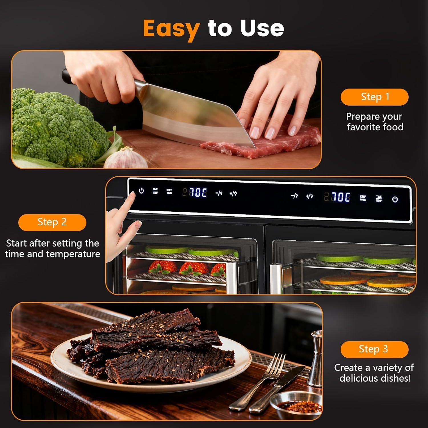 Food Dehydrator, 16 Stainless Steel Trays with 10 ft² Drying Space, 1200W, 176°F Dehydrated Dryer for Jerky & Time