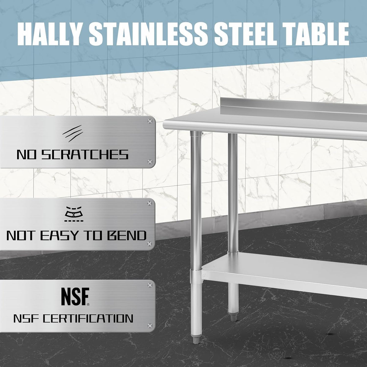 Hally Stainless Steel Table for Prep & Work 18" x 48" with Backsplash NSF