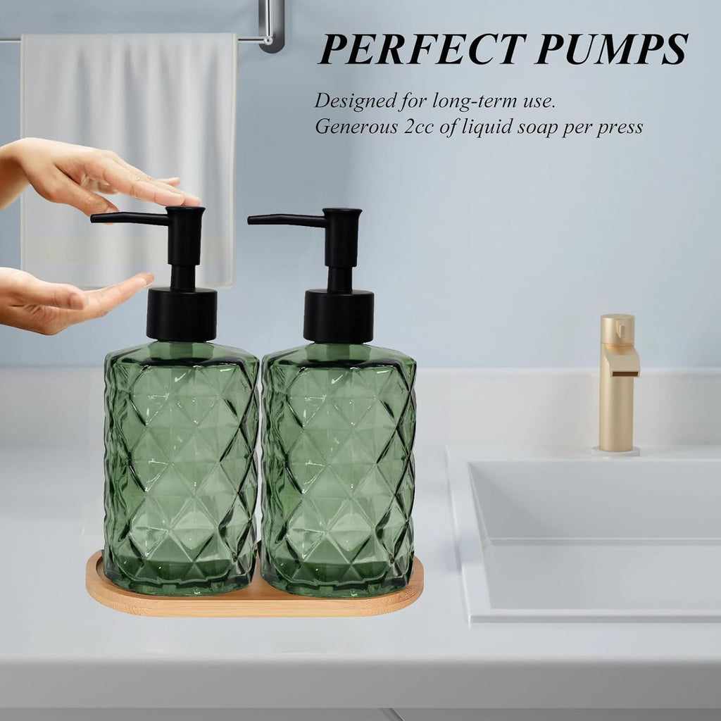 12oz Green Glass Hand and Dish Soap Dispenser Set, Diamond Design, Set of 2 | Bathroom Soap Dispenser with Plastic