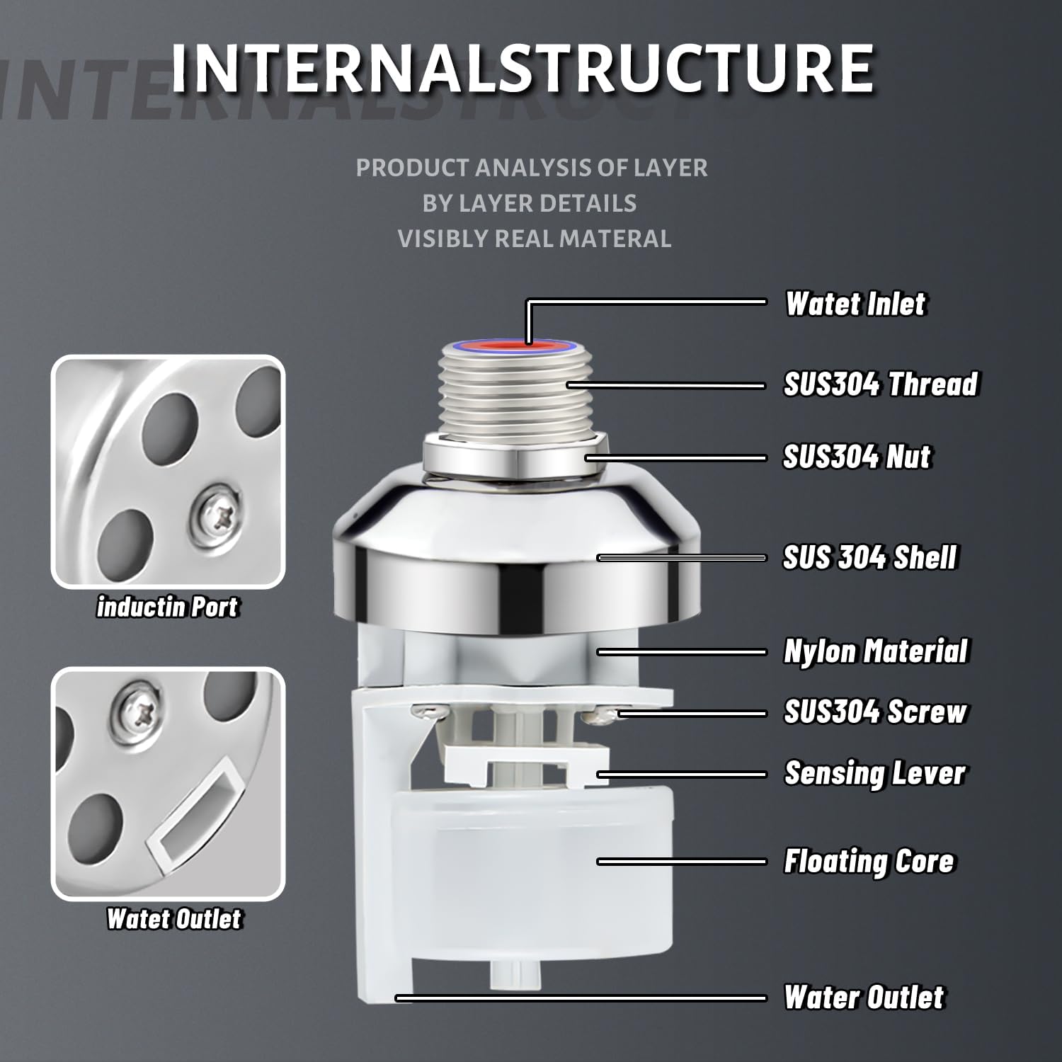 Leak-Proof NPT 1/2" Water Float Valve,1/2" to 3/4" 304 Stainless Steel Fully Automatic Water Level Control Float