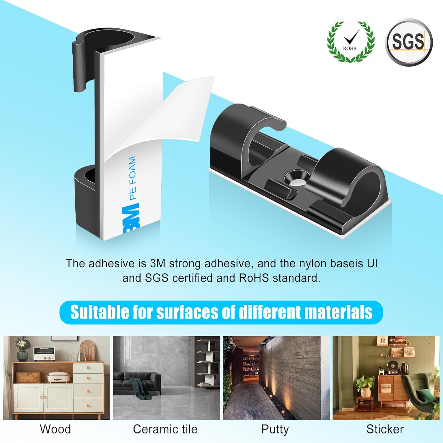 50pcs Medium Self Adhesive Cable Clips Black,Wire Clips Cable Management Wire Organizer Cord Holder for Under Desk