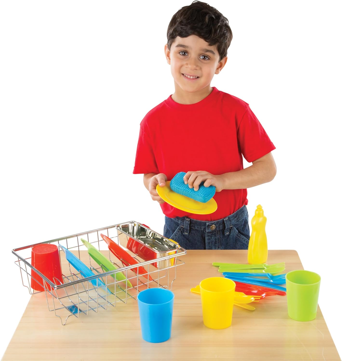 Melissa & Doug Wash and Dry Dish Set - 24 Pieces Kids Play Dishes, Play Kitchen Accessories, Toy Dishes for Kids