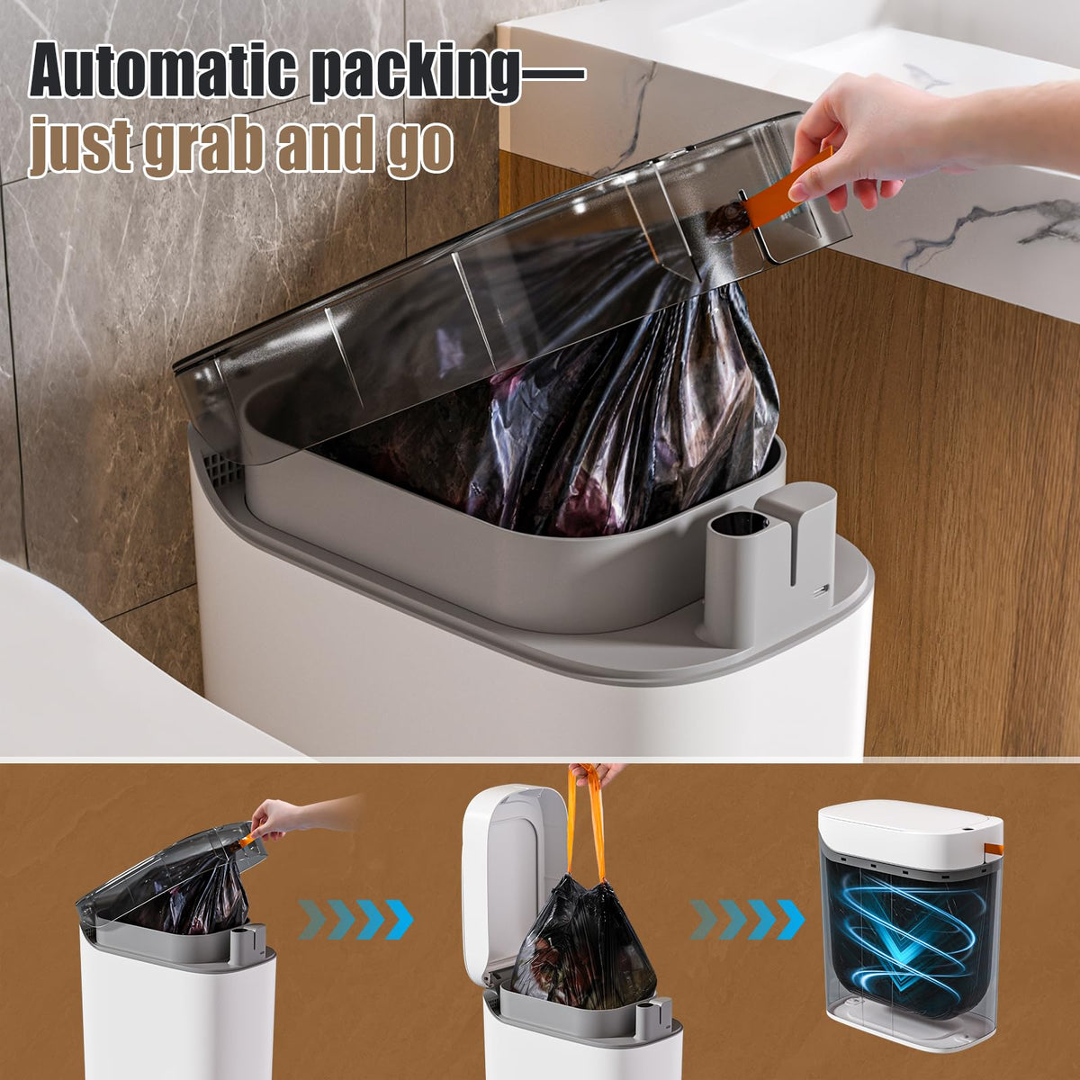 Bathroom Trash Can, Automatic Bagging Garbage Can, 3.5 Gallon Slim Smart Small Plastic Trash Bin, Narrow Motion