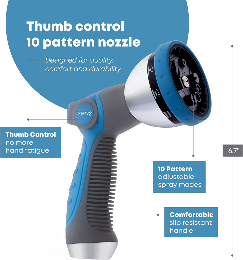 Garden Hose Nozzle Heavy Duty - Features 10 Spray Patterns, THUMB CONTROL On Off Valve Hose Sprayer Nozzle for Easy