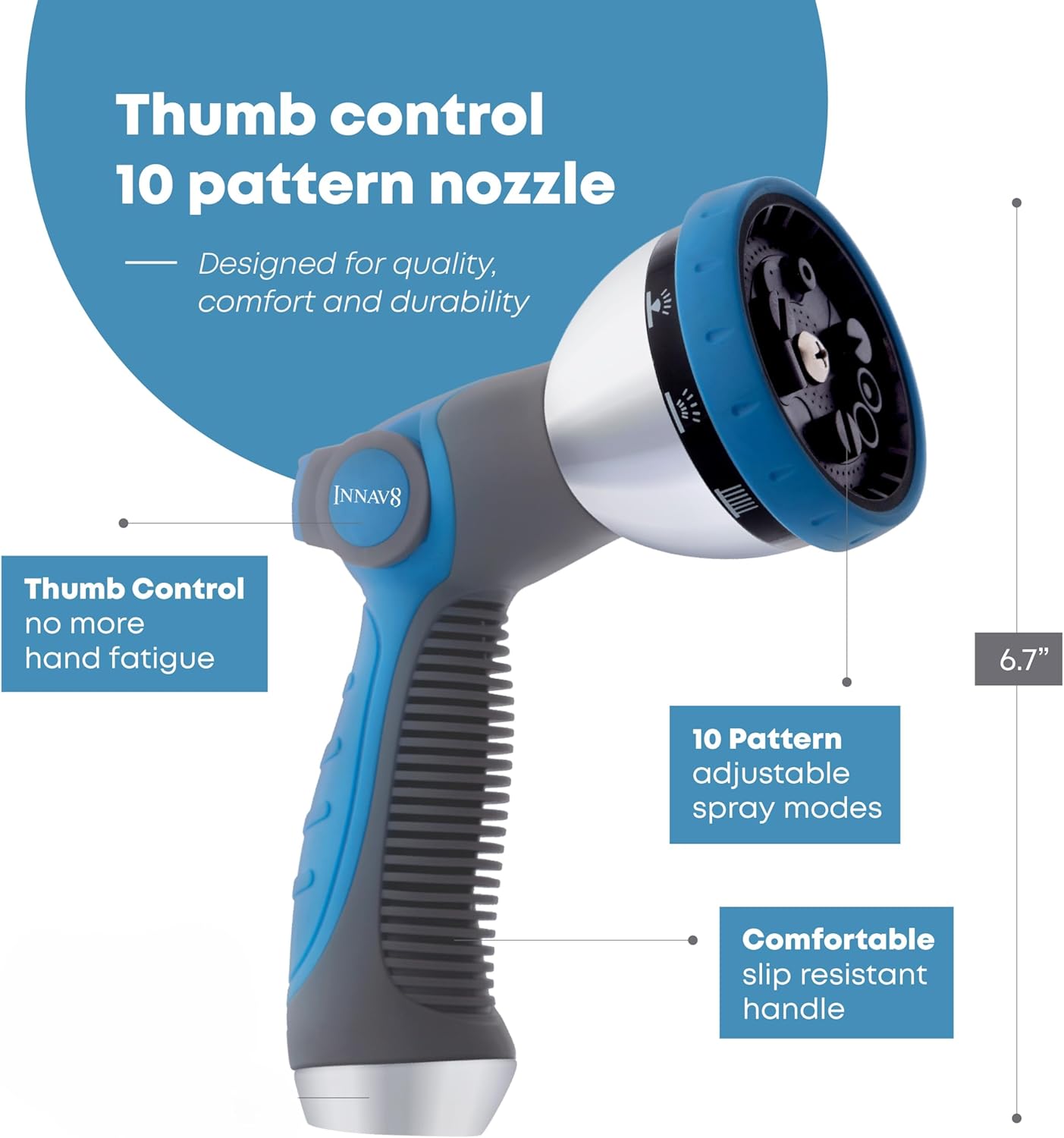 Garden Hose Nozzle Heavy Duty - Features 10 Spray Patterns, THUMB CONTROL On Off Valve Hose Sprayer Nozzle for Easy