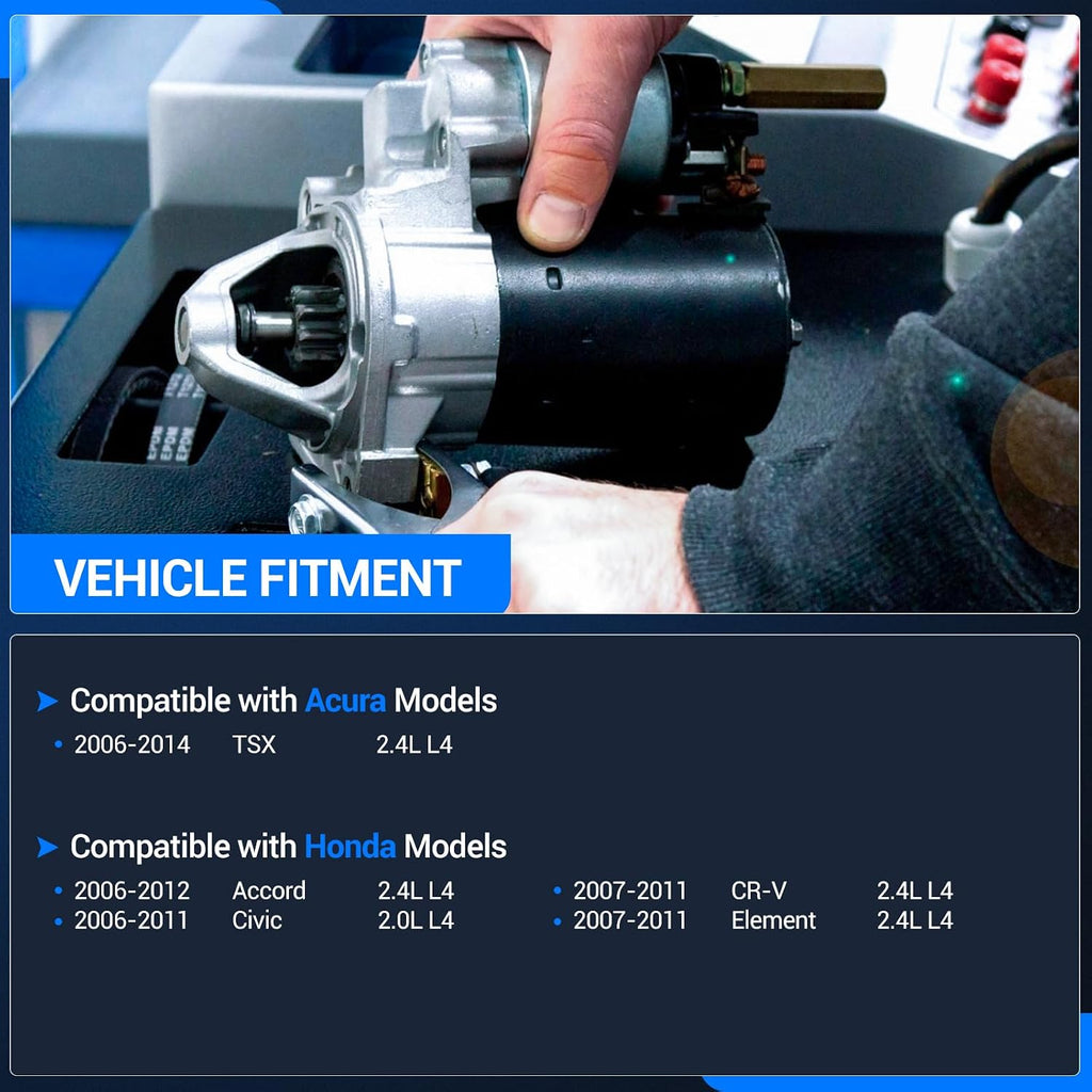 Autoround 17960 Starter Motor Fit for 2006-2011 Honda Civic 2.0L, 2016-2012 Accord 2.4L, 2007-2011 Element CR-V 2.4L, 06-14 Acura TSX 2.4L, OE Replacement # 31200-RAA-A61 31200R40A01 17960N