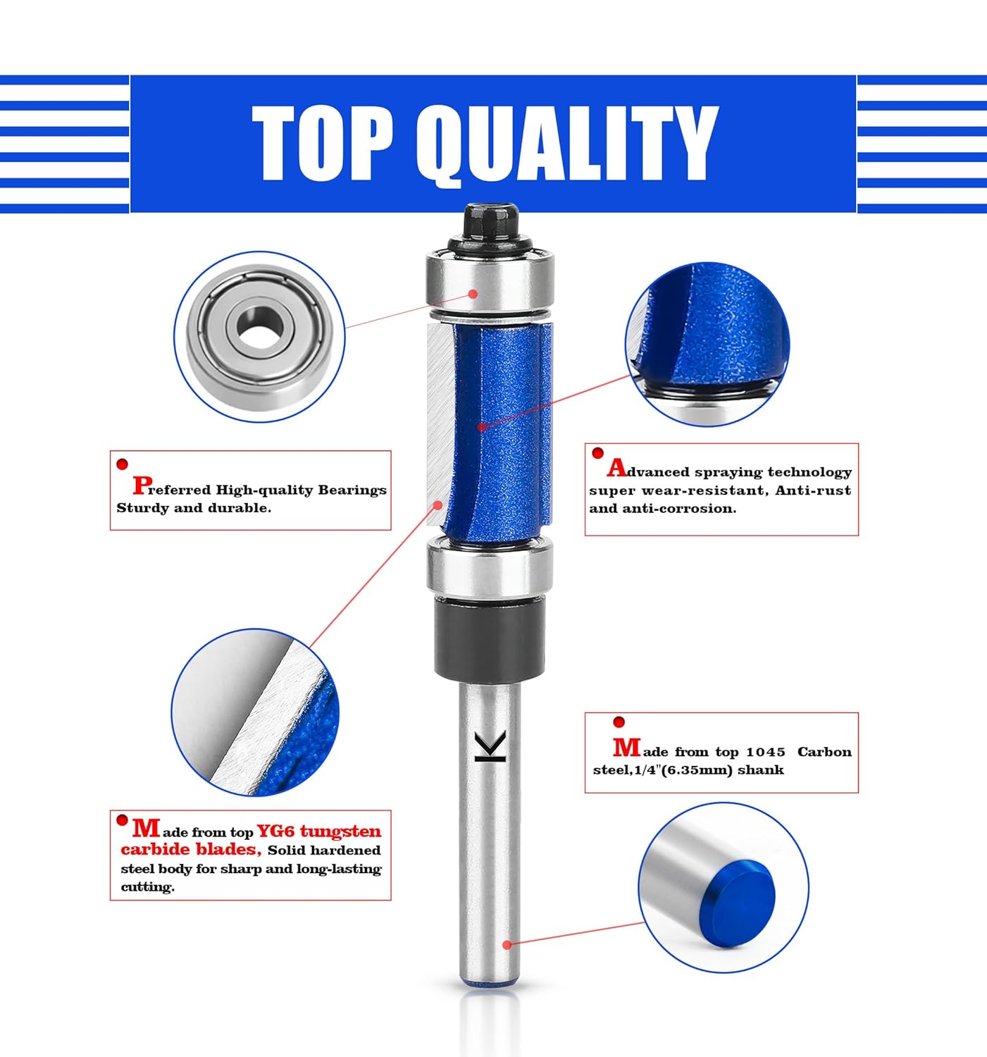 Top and Bottom Bearing Flush Trim Router Bit 1/4" Shank, 1-1/2" Cut Length | 1/2" Cutting Diameter, Carbide Pattern