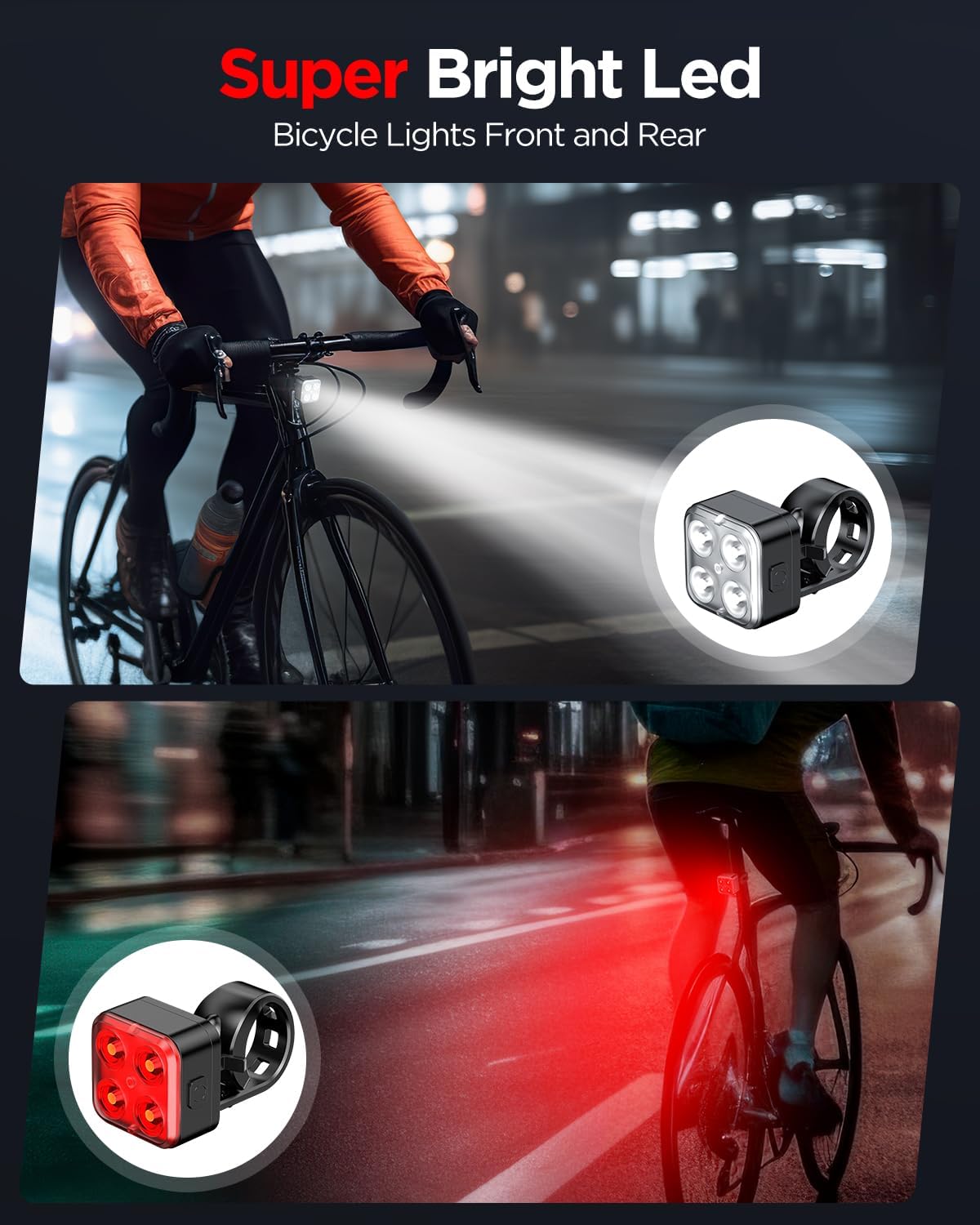 Bike Lights Set, Rechargeable Bicycle Lights Front and Rear, 4 Light Mode Options, Bike Headlight, IPX4 Waterproof