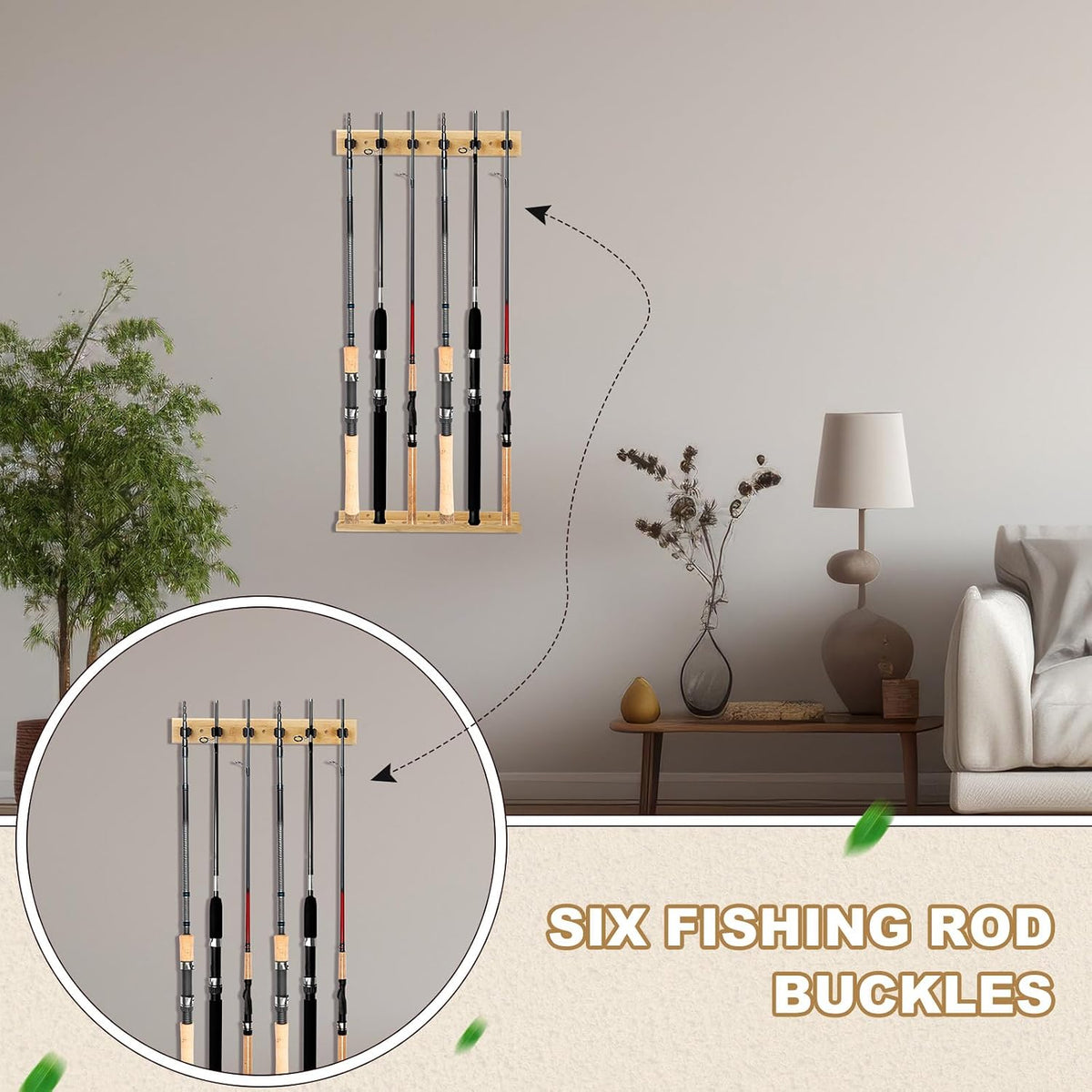 Wall Mounted Fishing Rod Holder Wooden Vertical Fishing Rod Rack Fishing Pole Holders for Garage Holds up to 6 Rods