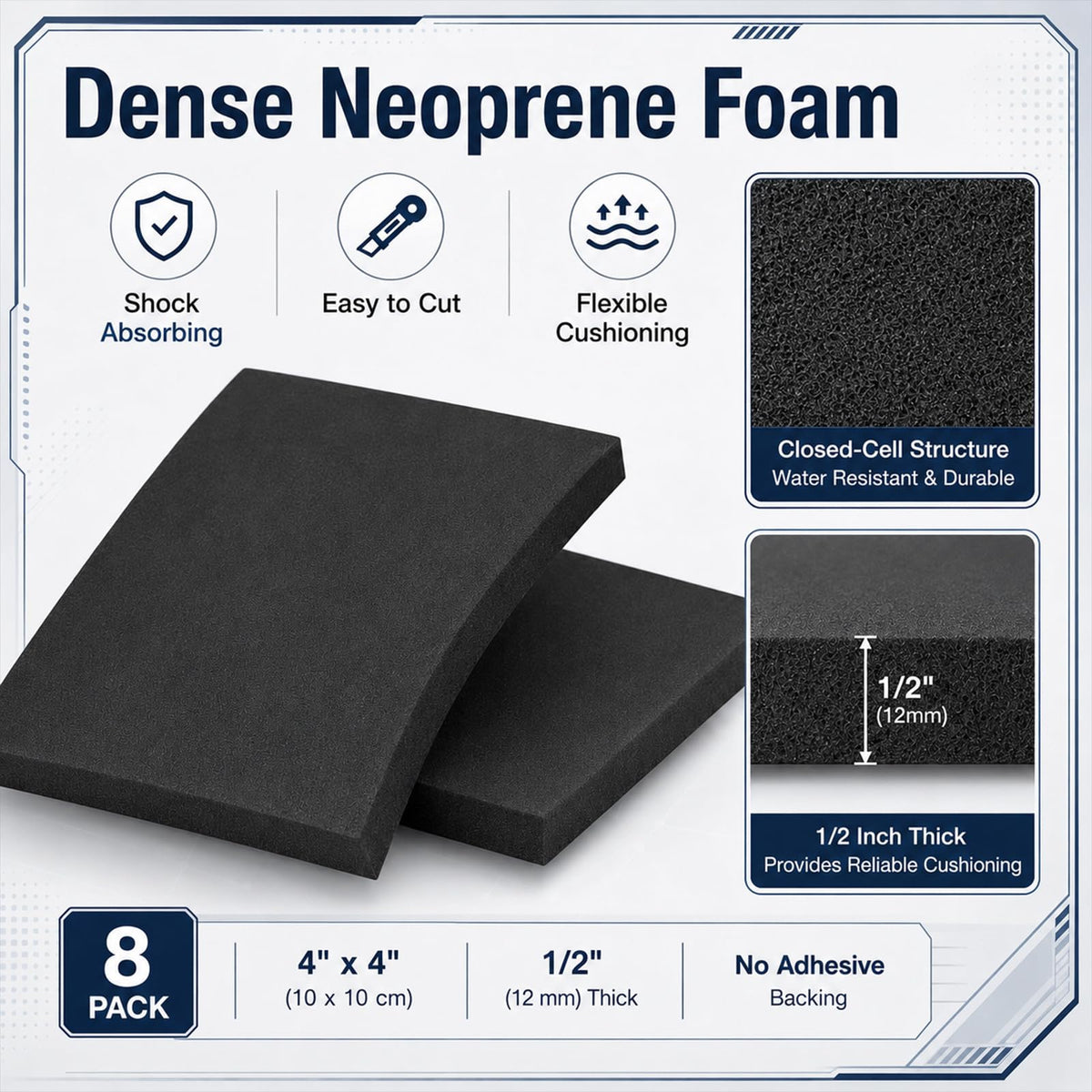 8 Pcs Non Adhesive Neoprene Foam Padding Sheets, Black