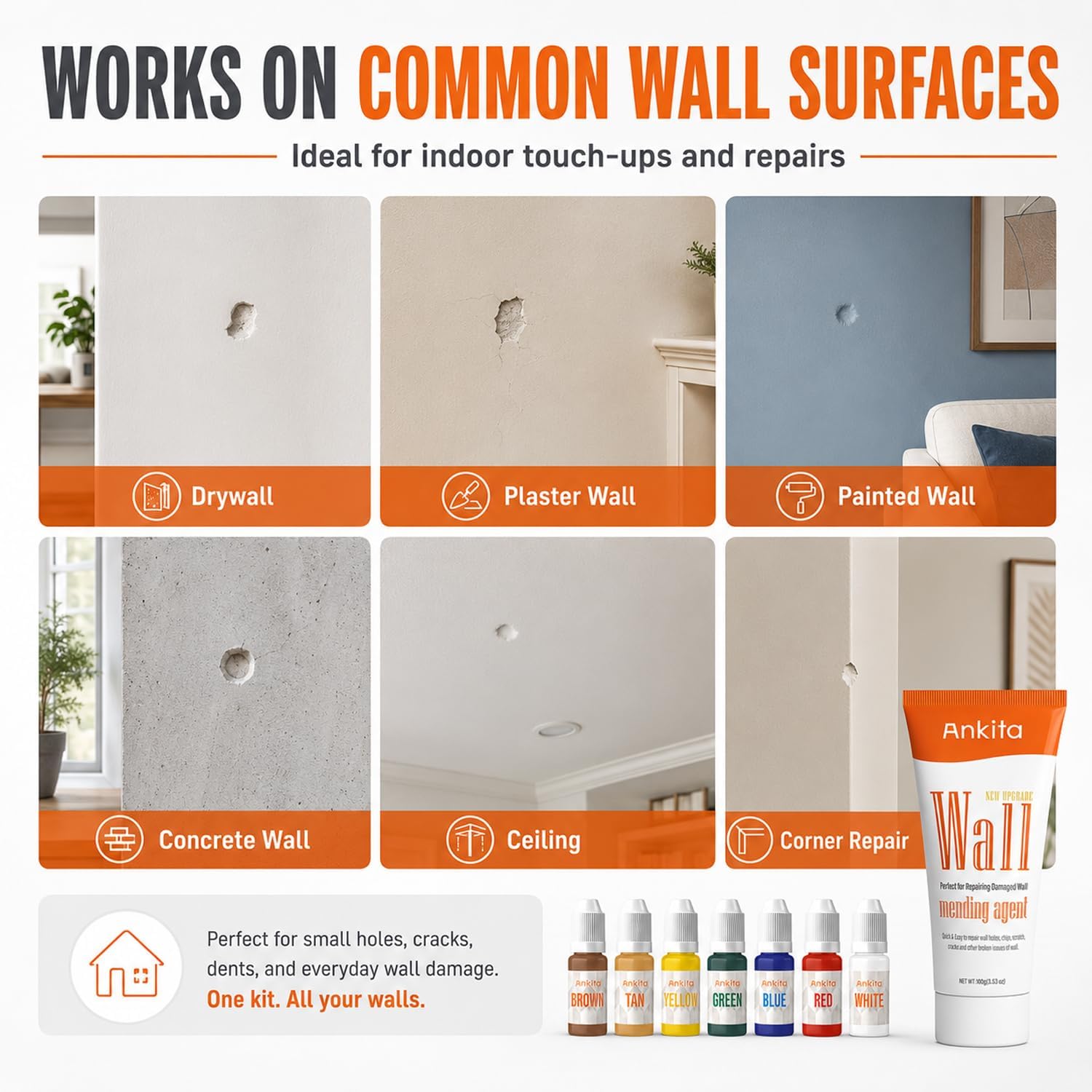 Spackle Wall Repair Kit(Color Match), Drywall Repair Filler for Wall Hole | Exterior Wall Putty for Filling Holes