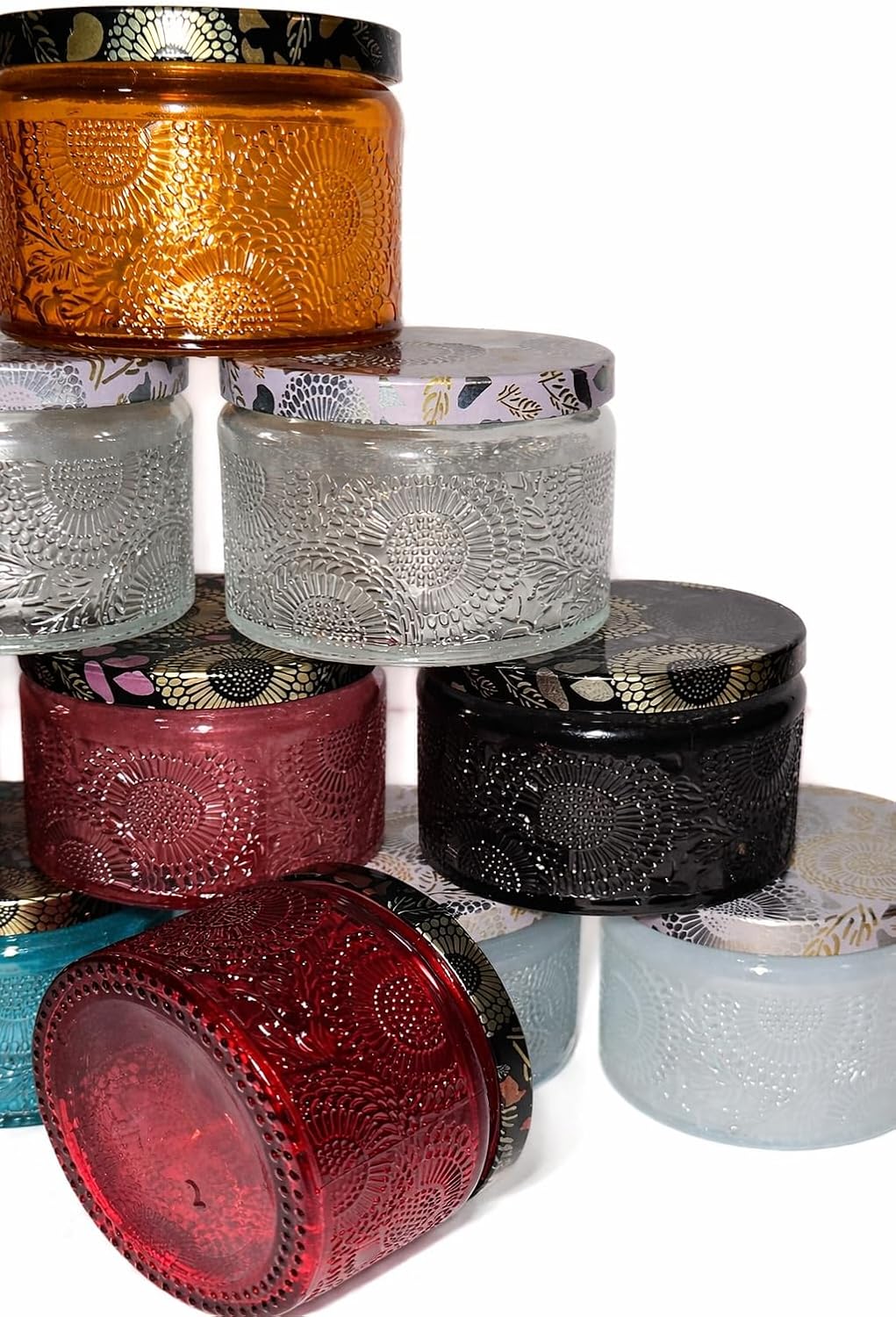 12-Pack 4oz (120ml) Embossed Glass Candle Jars with Lids, Labels & Wicks - Empty Candle Containers for Candle Making