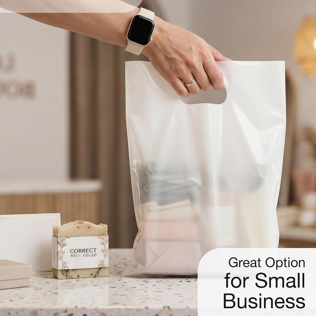 100 White Plastic Bags With Handles 12x15 Merchandise Bags