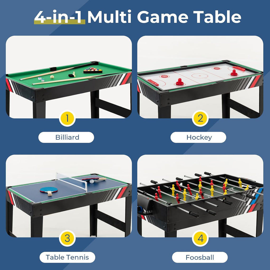 4 in 1 Multi Game Table, 49" Combo Game Table with Foosball Table, Pool Billiards, Air Hockey & Table Tennis for