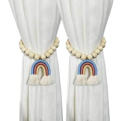 2 Pieces Wooden Beaded Curtain Tiebacks, Tassel Curtain Buckles Magnetic Curtain Buckles, Rainbow Tassel Curtain