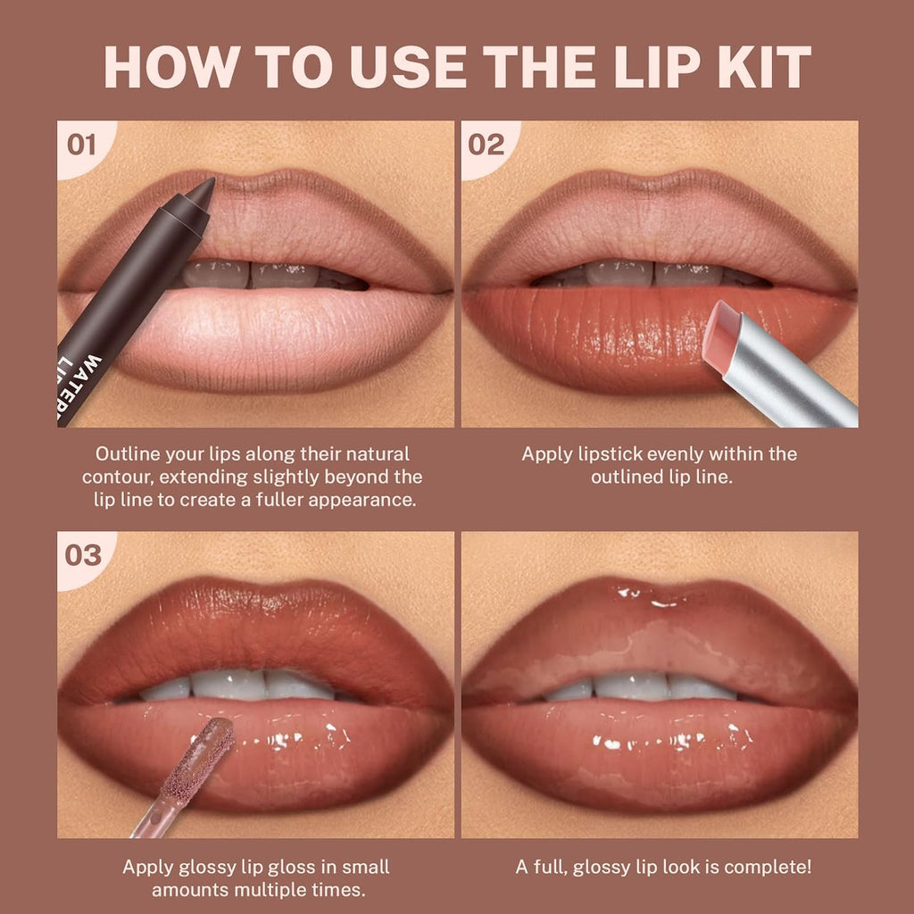 3Pcs Lip Combo Set, Lip Kit with Brown Plumping Lip Liner & Nourishing Lipstick & Nude Glossy Lip Gloss