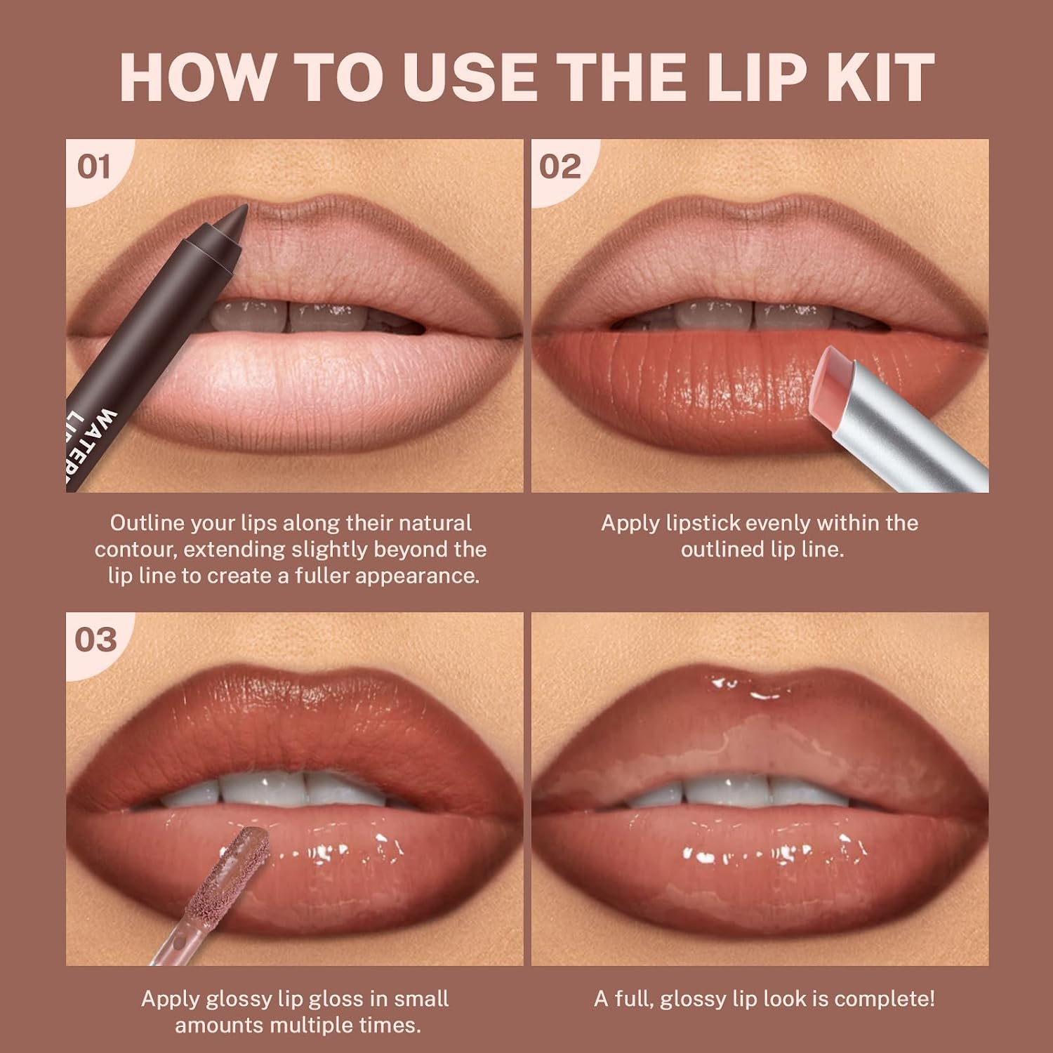 3Pcs Lip Combo Set, Lip Kit with Brown Plumping Lip Liner & Nourishing Lipstick & Nude Glossy Lip Gloss