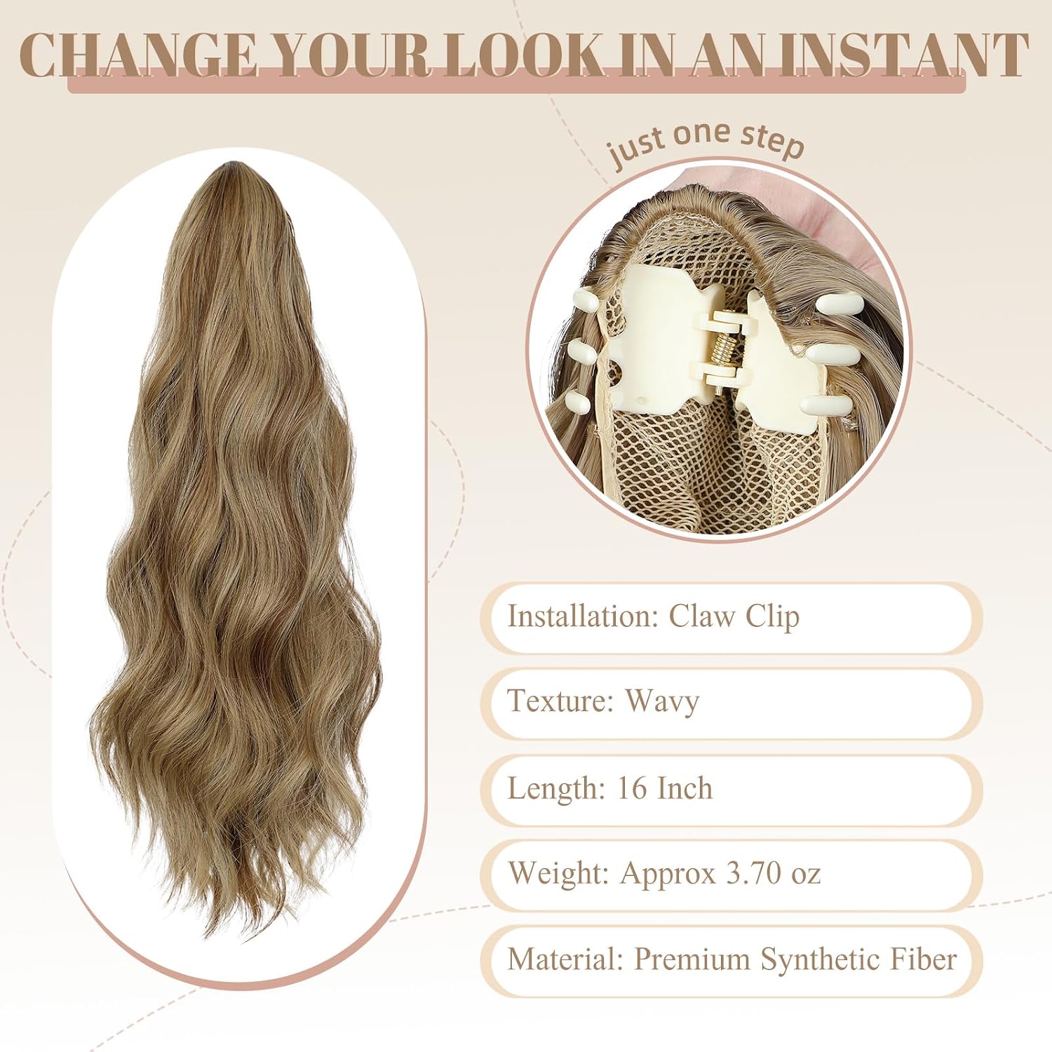 16" Ponytail Extension Long Curly Wavy Ponytails Clip in Claw Hair Extension Pony Tails Natural Looking Synthetic