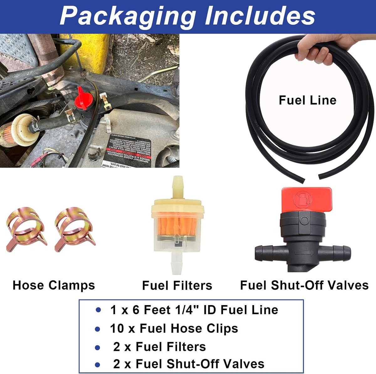 Tnisesm 1/4 Gas Fuel Line Hose with Clamps Valve & Filters Kit