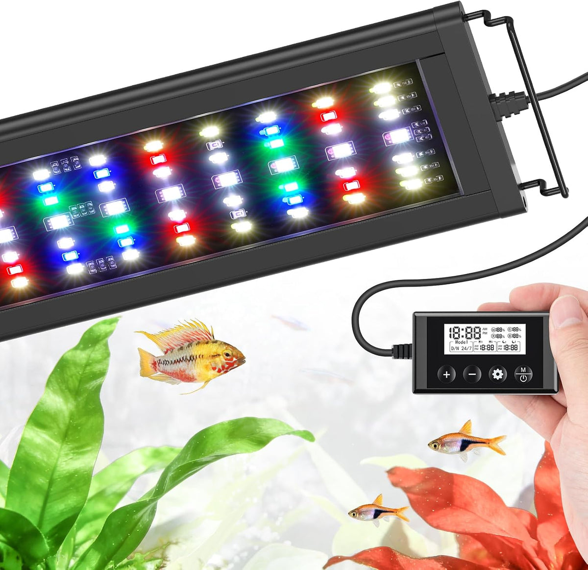 LED Aquarium Light Full Spectrum Fish Tank Light with RGB Brightness/Color Stepless Adjustment, 24/7 Day-Night Cycle