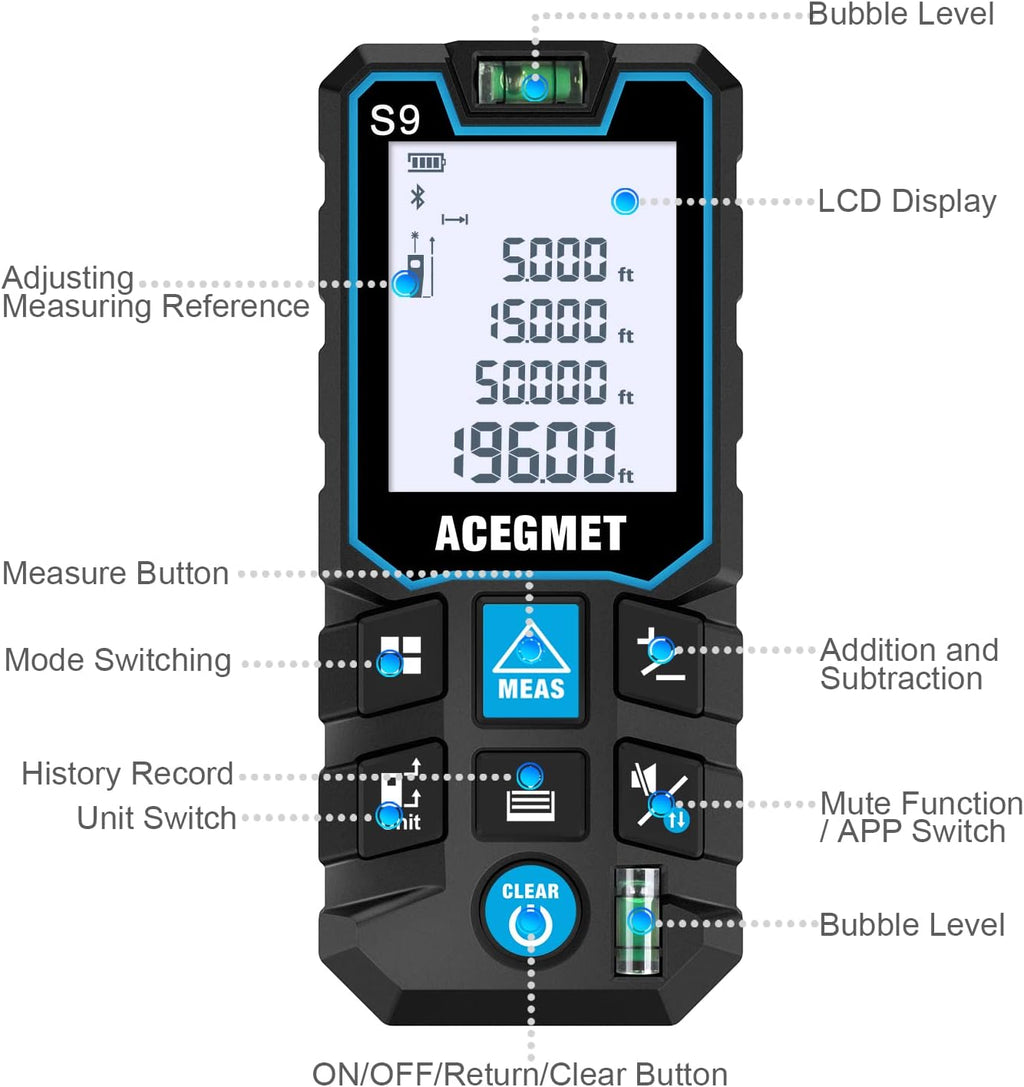 Laser Measure with Phone App, 229ft/70m Laser Measurement Tool with 2 Bubble Levels, LCD Backlit Display, IP54