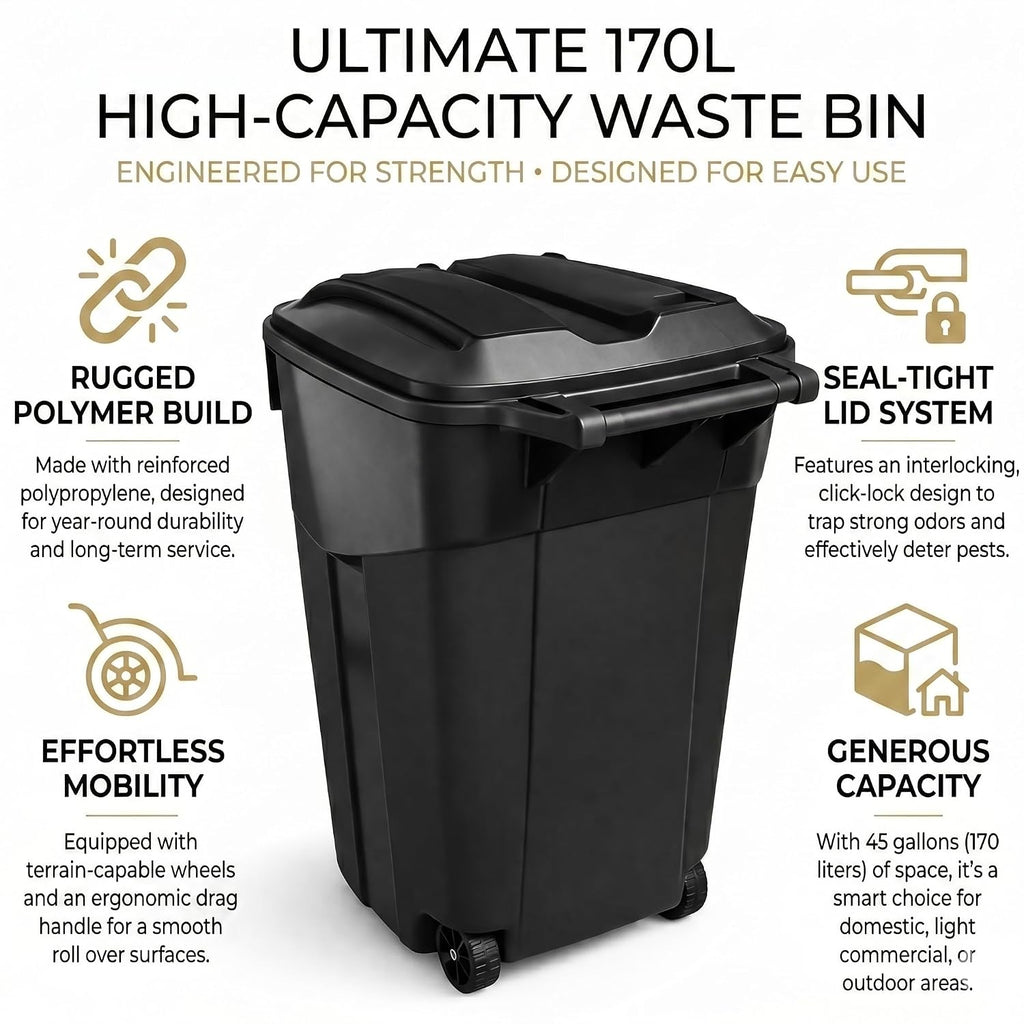 45 Gallon Outdoor Wheeled Trash Can with Lid | Heavy Duty Plastic, Wheeled Garbage Bin, Outdoor Use, Secure Lid