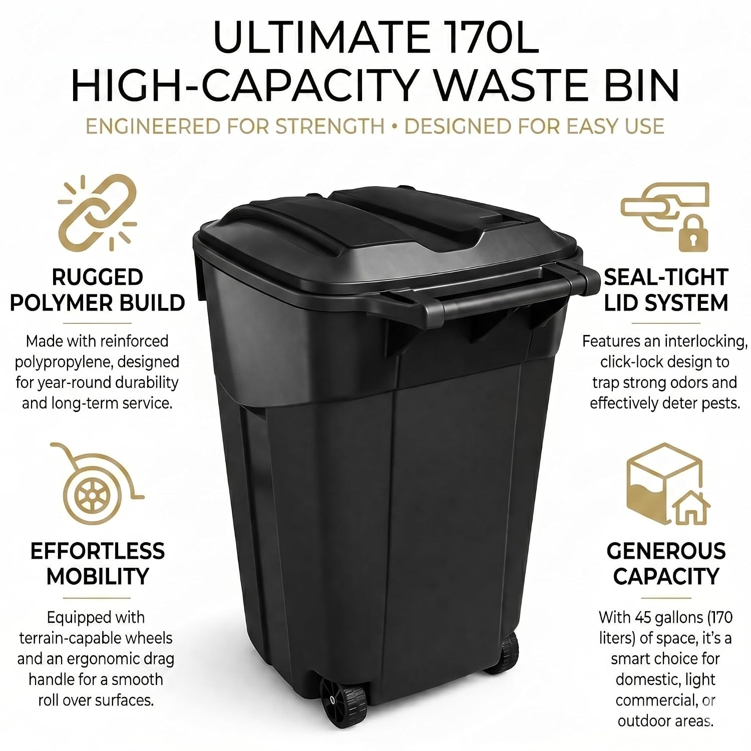 45 Gallon Outdoor Wheeled Trash Can with Lid | Heavy Duty Plastic, Wheeled Garbage Bin, Outdoor Use, Secure Lid