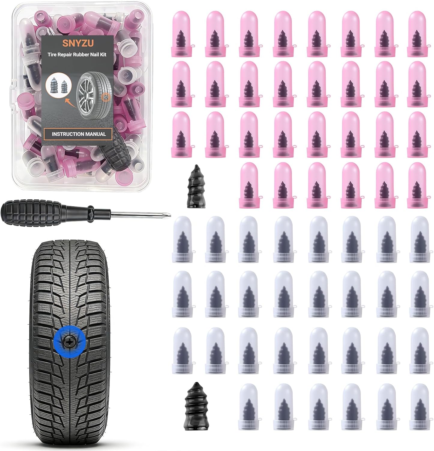 Tire Repair Rubber Nail Kit, Premium Spiral Screw-in Tire Plugs with 2 Sizes, Emergency Roadside Flat Tire Fix Tool