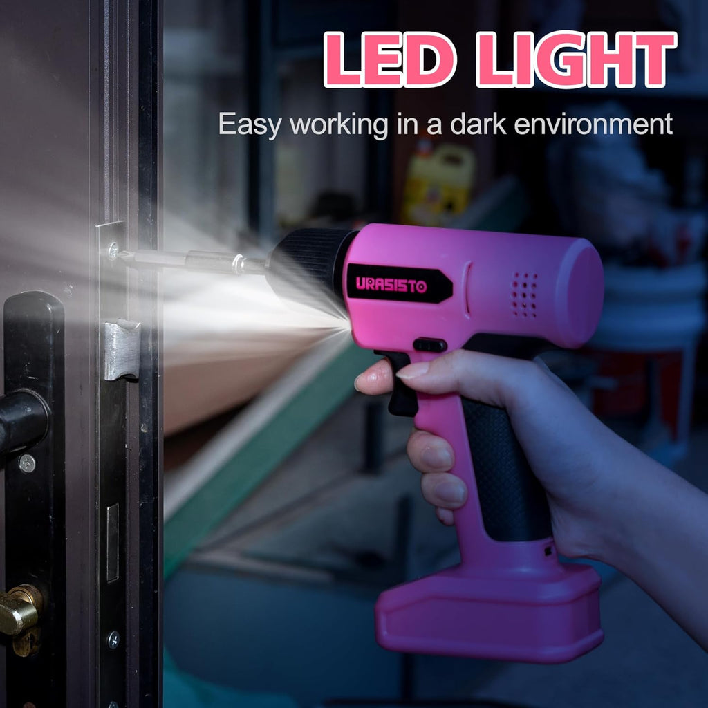 8V Pink Cordless Drill, Power Drill Tool Set, Built-in LED, 58pcs Acessories with Household Tool Set Gift Box, Pink