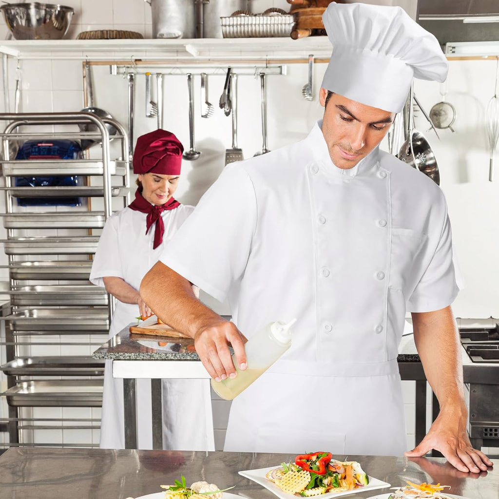 Halloween 3 Pcs Chef Unisex Costume Tall Hat Coat Bistro Apron Set Chef Jacket Coat Apron for Man(Short