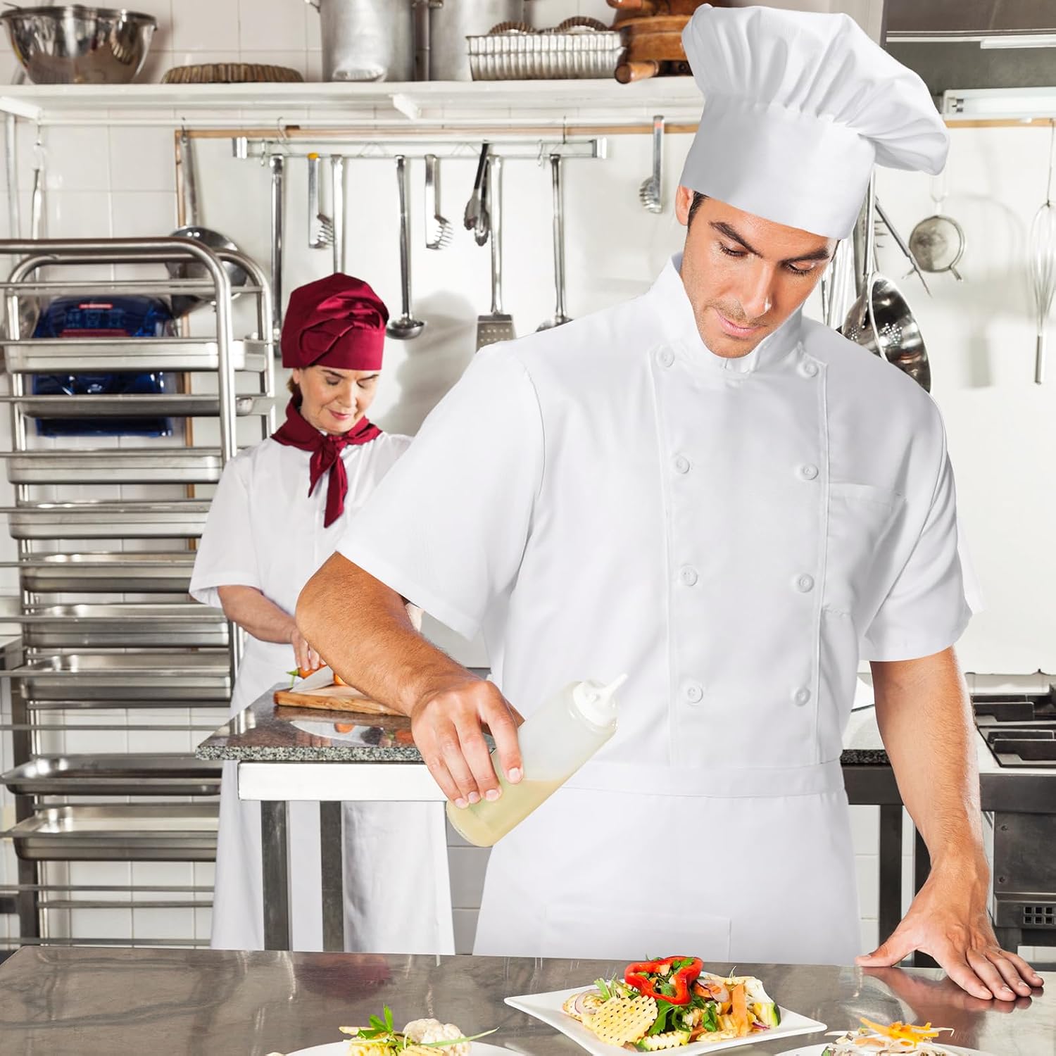 Halloween 3 Pcs Chef Unisex Costume Tall Hat Coat Bistro Apron Set Chef Jacket Coat Apron for Man(Short