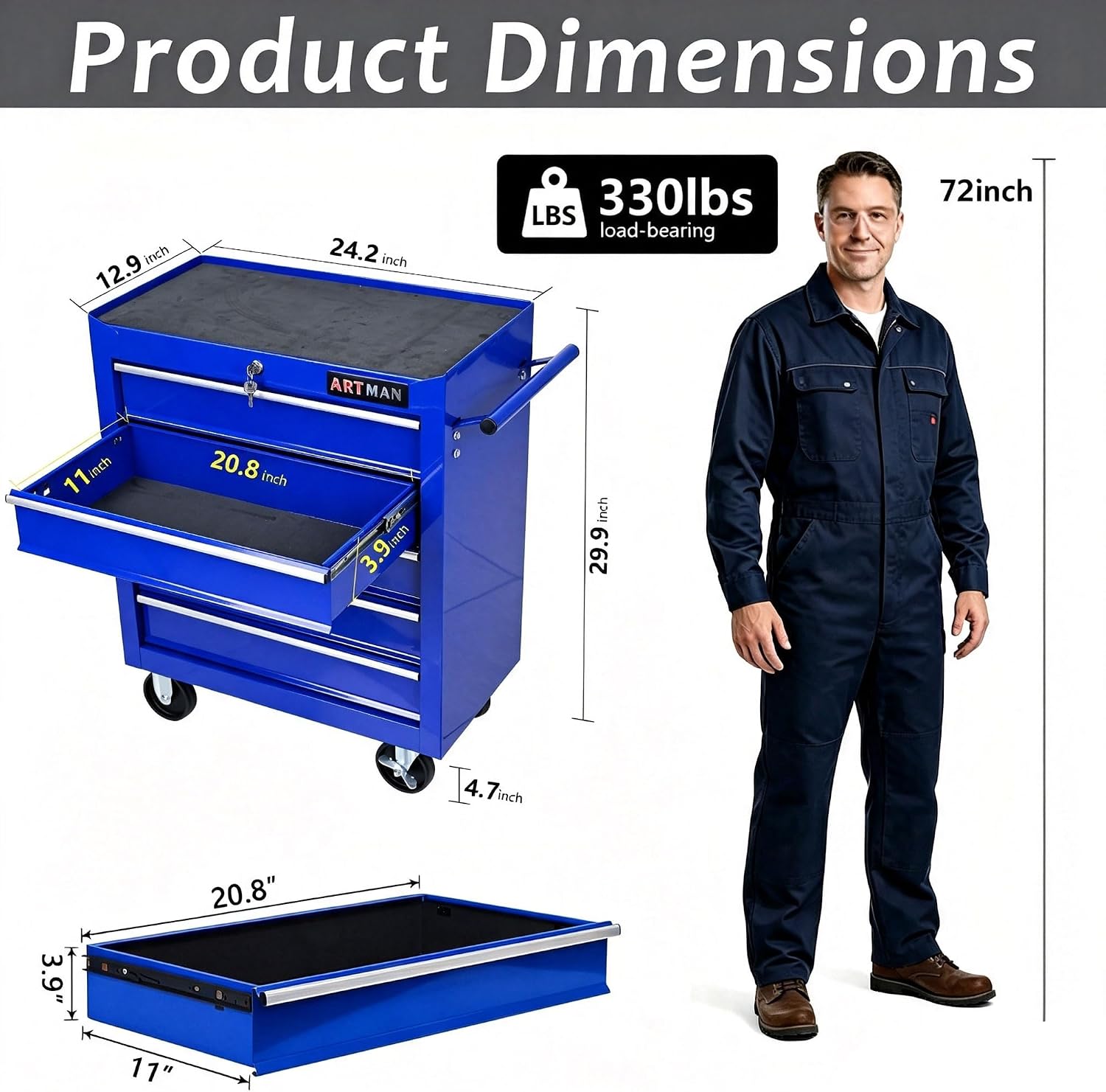 5 Drawer Tool Cart with Locking System, Heavy Duty Rolling Tool Chest Cabinet with 4 Wheels, Steel Garage Storage