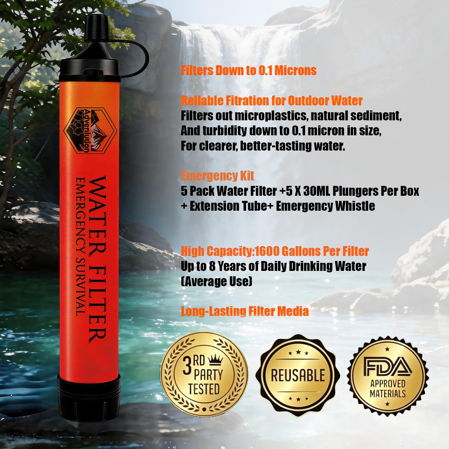 5-Pack Personal Water Filter Straw with Emergency Whistle, Portable Reusable Survival Filter for Family Camping