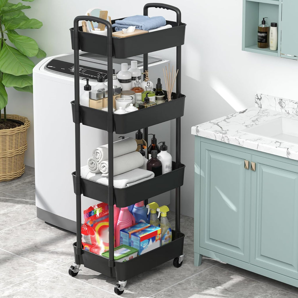 4-Tier Plastic Rolling Utility Cart with Wheels for Storage, Black