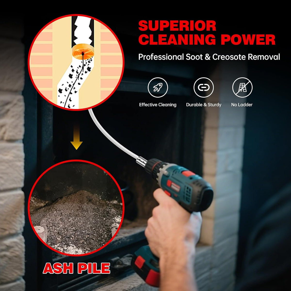 30 Ft Chimney Sweep Kit with 9 Flexible Rods & Chimney Brush